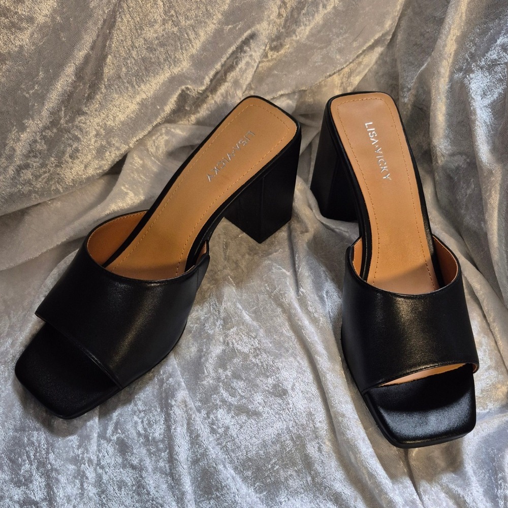 Lisa Vicky Black Nappa Square Toe Block Heel Mules Slides Size‎ 8.5M